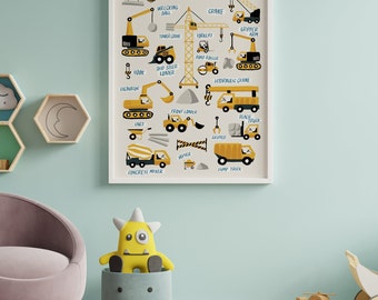 Cranes and Trucks printable for construction themed room for children. Cranes chart for kids room decor. Kids room decor