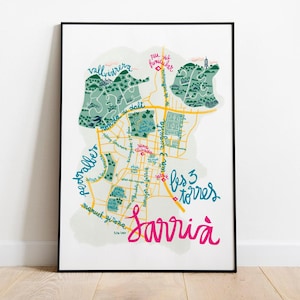 Carte illustrée de Sarrià Barcelone pour les amateurs de voyage. Mur de voyage d'art de salon. Souvenirs de vacances en Espagne