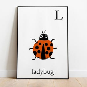 Letter L for Ladybug art print for kids room decor. Letters alphabet of animals for toddlers and homeschool decor