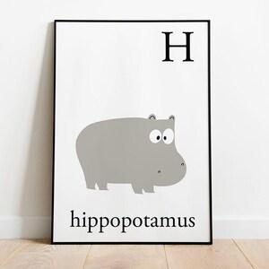 hippo is for letter H! Cute Hippopotamus Poster for toddlers room decor. Animals prints for children. Cute Letter prints for babies. Nursery