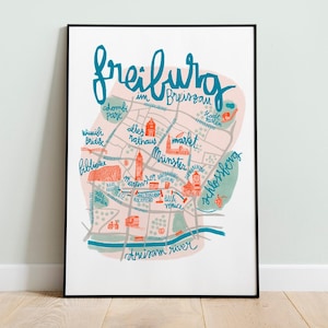FREIBURG Illustrierter Stadtplan-Druck. Handletter Ursprüngliche Illustration. Reisekarte. DEUTSCHLAND. Freiburg im Breisgau
