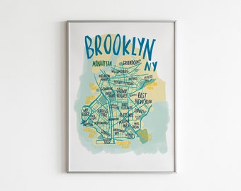 Brooklyn Map New York State. Hand lettered style for all the neighborhoods. From Williamsburg to East New York. Poster