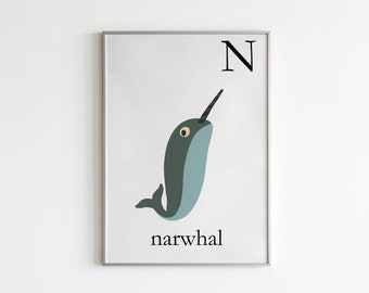 N is for Narwhal letters for kids room decor and baby shower gift. nursery and children room inspired in sea life and whales