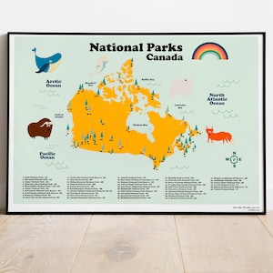 Kanada Druckbare Karte der Nationalparks und Reservate. Kanada Wildtiere. Große Homeschooling-Karten zum Lernen. Geographie Karte für Kinderzimmer Dekor