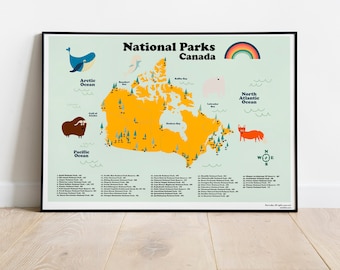 Kanada Karte von Nationalparks und Reservaten zum Ausdrucken. Kanada Tierwelt. Große Homeschooling Karten zum Lernen. Geographie Karte für Kinderzimmer Dekor