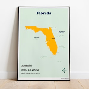 Florida State Karte zum Ausdrucken für Kinder und Erwachsene. Sonnenschein-Zustand von Amerika. Sofortiger Download Kinderzimmer Dekor. Lernposter Miami Miami