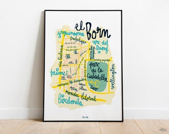 Born Barcelona Illustrated Map. El born quartier illustration. City maps. Lettering Art Travel prints