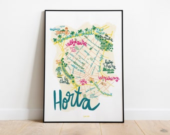 Horta Barcelona city Map. Illustration of the Horta quartier. Colorful map from barcelona memories, Travel Wall and living room decor