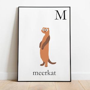 M is for Meerkat print for kids room decor and baby shower gift. Animals capital letters for children room wall decor