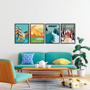 SCANDINAVIA PRINTS SET of 4 for Christmas Gift Giving Ready to Ship, Finland, Iceland, Norway and Sweden, Travel Wall Living room art zdjęcie 2