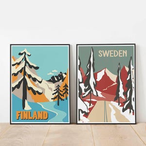 Lot de 2 impressions pays scandinaves, art mural pour carnet de voyage, illustrations nordiques originales, décoration scandinave pour les amateurs d'aventure