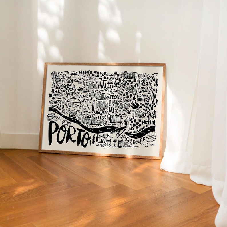 Discover Porto with this sleek black and white illustrated map by Sira Lobo! Perfect for living room decor, it comes in various sizes and framing options. Ready to hang and bring a touch of Porto’s charm to your space.