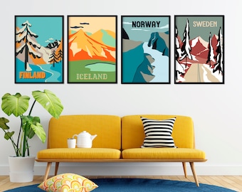 SCANDINAVIA PRINTS SET of 4 for Christmas Gift Giving Ready to Ship, Finland, Iceland, Norway and Sweden, Travel Wall Living room art