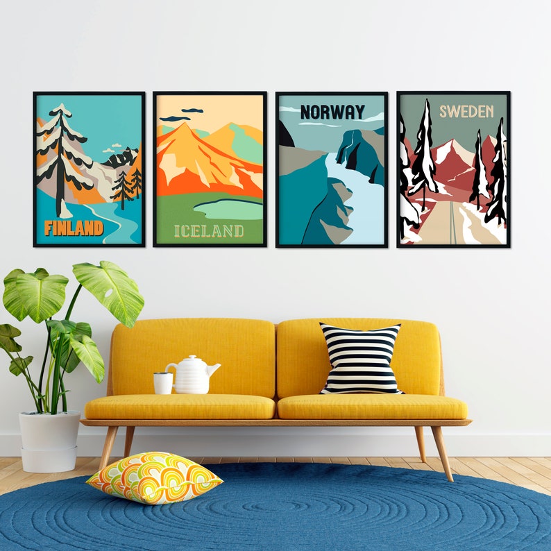 SCANDINAVIA PRINTS SET of 4 for Christmas Gift Giving Ready to Ship, Finland, Iceland, Norway and Sweden, Travel Wall Living room art zdjęcie 1