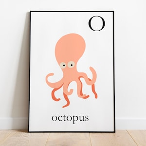 Letter O is for Octopus, print for kids room decor. Children animal themed room print. Baby shower panel for gift giving. toddler room