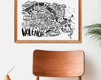 Valencia illustration in black and white for living room decor. València, Spain illustrated map for travel wall and traveler’s gift.