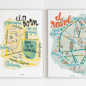 Mapa del barrio del Raval y el Born de Barcelona. Conjunto ilustrado de 2 mapas de los barrios del Raval y el Born de Barcelona