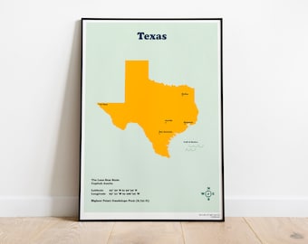 Texas State Printable Map for kids home school. States of America. Instant download kids room decor. Learning Poster The Lone Star state map