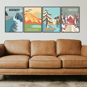 SCANDINAVIA PRINTS SET of 4 for Christmas Gift Giving Ready to Ship, Finland, Iceland, Norway and Sweden, Travel Wall Living room art zdjęcie 3