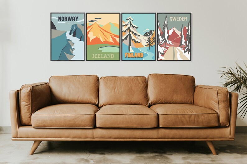 SCANDINAVIA PRINTS SET of 4 for Christmas Gift Giving Ready to Ship, Finland, Iceland, Norway and Sweden, Travel Wall Living room art zdjęcie 3