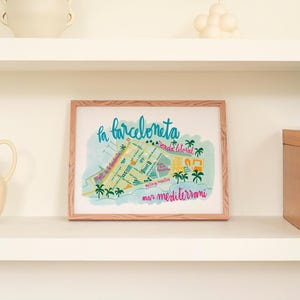 Carte illustrée de la Barceloneta pour mur de voyage. Impression d'art du quartier de Barcelone pour cadeaux et souvenirs de voyage