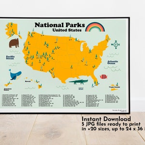 National Parks United States Map for homeschooling. Instant Download in 5 ratios. Back to school poster Ready to frame for kids room decor image 2