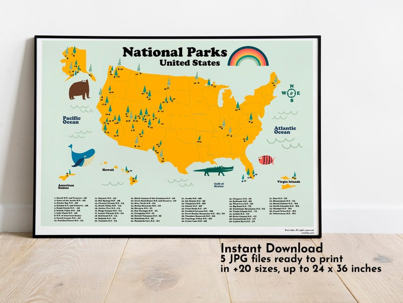 National Parks United States Map for homeschooling. Instant Download in 5 ratios. Back to school poster Ready to frame for kids room decor image 2
