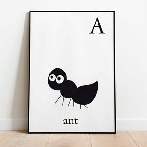 Letter A is for Ant! Vintage Poster for toddlers room decor. Animals prints for children. Cute Letter prints for toddlers. Nursery prints