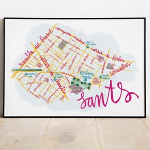 Sants Barcelona illustrierte Karte. Die Beschriftungskarte des Viertels Sants in Barcelona, Reisewandkunst, Souvenirs und Erinnerungen Kunstwerk