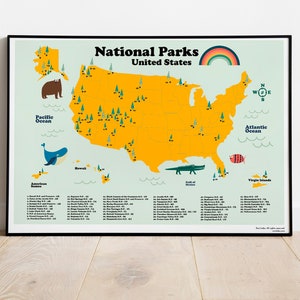 Nationalparks USA Karte für den Schulgebrauch.  Zurück zu Schule Plakat Rahmenfertig für Kinderzimmer Dekor. Lernposter Tiere und Pflanzen