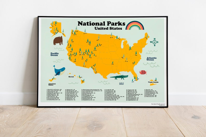 National Parks United States Map for homeschooling. Instant Download in 5 ratios. Back to school poster Ready to frame for kids room decor image 1