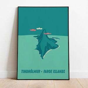 Färöer-Inseln Reiseplakat, Tindhólmur-Wand-Kunst-Druck, skandinavische Landschaftsillustration, nordisches Dekor für Naturliebhaber