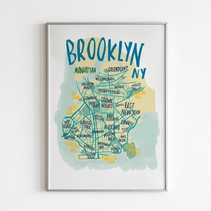 Carte de l'État de New York de Brooklyn. Style lettrage à la main pour tous les quartiers. De Williamsburg à l'est de New York. Affiche