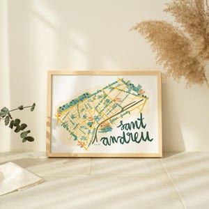 Mapa ilustrado del barrio de Sant Andreu de Barcelona. Recuerdos de viaje de Barcelona. Mapa ilustrado de la ciudad. Regalo para viajeros