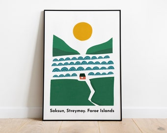 Saksun Faeroe Islands Art print for kids room decor, Traveler gift giving ready to ship, candinavia travel themed room, Mountain Travelers