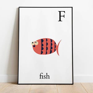 Fish poster for nusrery. Cute animals for children Room. Letter F print. Nursery decor prints. Underwater themed room. Toddlers and nursery