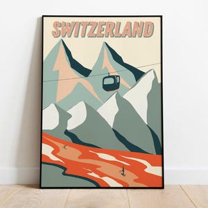 Póster de viaje de los Alpes suizos, impresión de arte mural de montaña y esquí, ilustración del mapa de Suiza, decoración alpina para amantes del esquí y viajeros.