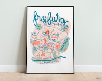 Freiburg illustrated city map. Ready to hang travel map of Germany for living room decor and travel wall