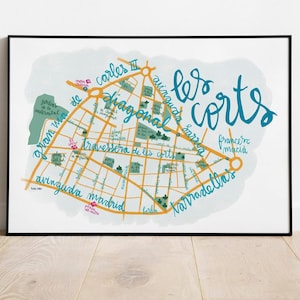 Les Corts Barcelona geïllustreerde kaart voor reismuur. Souvenir en reizigerscadeau uit Barcelona. Herinneringen aan reizen