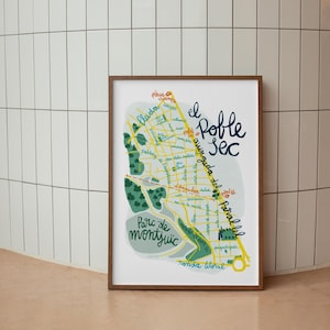 Carte illustrée du Poble Sec de Barcelone pour mur de voyage. Souvenir de voyage à Barcelone pour les voyageurs. Souvenirs de voyages, villes illustrées