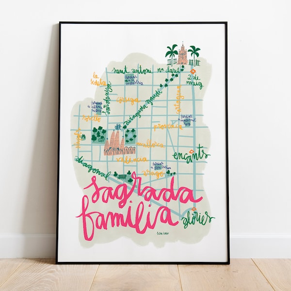 Sagrada Familia Barcelona Illustrated City Map for travel lovers. Living room decor Spain Souvenir. Holiday memories from Barcelona