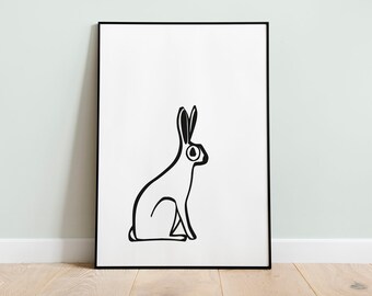 Rabbit Printable to instant download for kids room decor in monochrome style. Jackrabbit woodland animals. Diy wall art