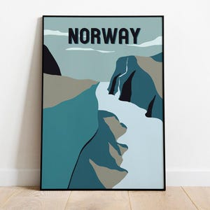 Póster de viaje de Noruega, impresión de arte mural escandinavo, ilustración de paisaje de fiordo, decoración de naturaleza nórdica para amantes de la aventura.