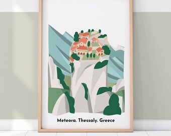 Meteora Ancient Monastry in Greece print for kids room decor, Traveler Gift Giving Ready to Ship, travel themed room for children