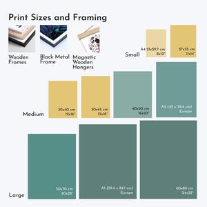 May include: A chart showing different print sizes and framing options for artwork. The chart includes sizes in inches and centimeters, as well as the names of the framing options: Wooden Frames, Black Metal Frame, and Magnetic Wooden Hangers.