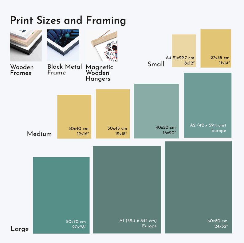 May include: A chart showing different print sizes and framing options for artwork. The chart includes sizes in inches and centimeters, as well as the names of the framing options: Wooden Frames, Black Metal Frame, and Magnetic Wooden Hangers.