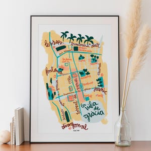 Mapa ilustrado de Gràcia Barcelona. Ilustração da Vila de Gràcia. Mapas da cidade. Lettering Art Print Estampas de viagem