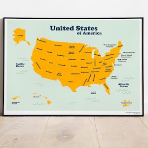 Karte von Vereinigten Staaten von Amerika zum Ausdrucken. US Bundesstaatskarte. Sofortiger Download Kinderzimmer Dekor. Lernposter in 4 großen Größenverhältnissen
