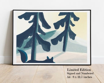 The Fox in the trees. Winter Christmas Print. Scandinavian print. Living room decor, Wall art Winter digital print. Limited edition signed