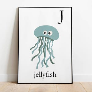 J is for Jellyfish print for kids room wall decor. Animal capital letters for baby shower gift giving. children and newborn room decor